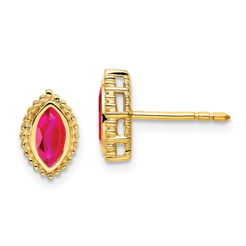 Solid 14k Yellow Gold Marquise Simulated Ruby Post Earrings