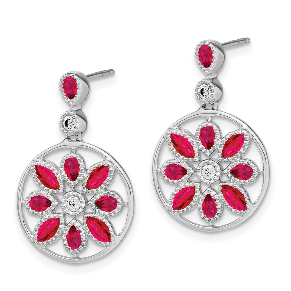 Solid 14k White Gold Simulated Ruby and CZ Floral Dangle Earrings