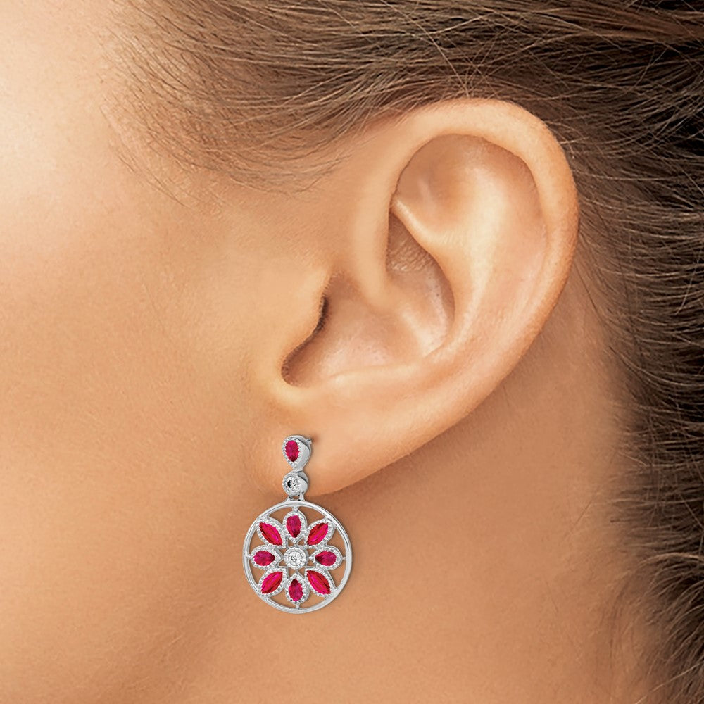 14k White Gold Ruby and Real Diamond Floral Dangle Earrings