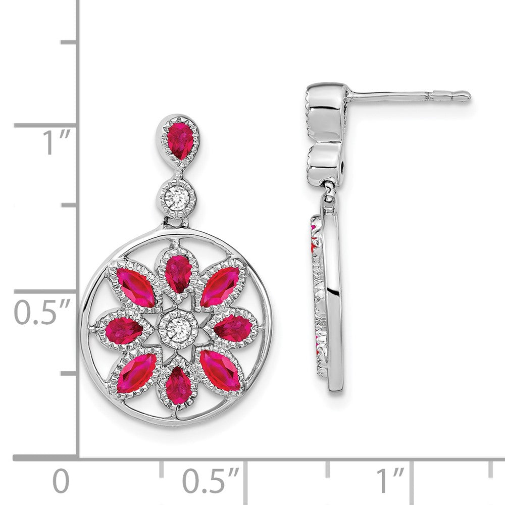 Solid 14k White Gold Simulated Ruby and CZ Floral Dangle Earrings