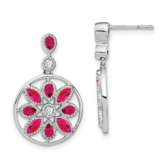 Solid 14k White Gold Simulated Ruby and CZ Floral Dangle Earrings