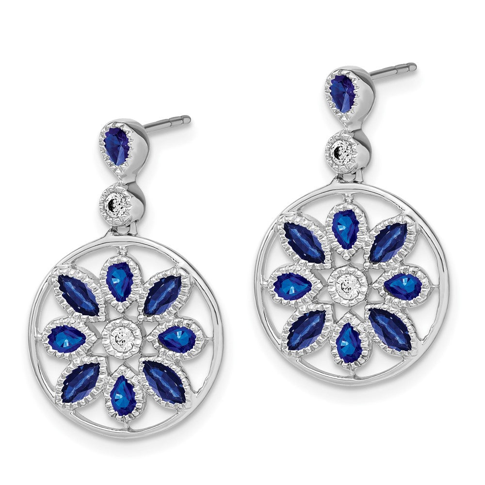 14k White Gold Sapphire and Real Diamond Floral Dangle Earrings