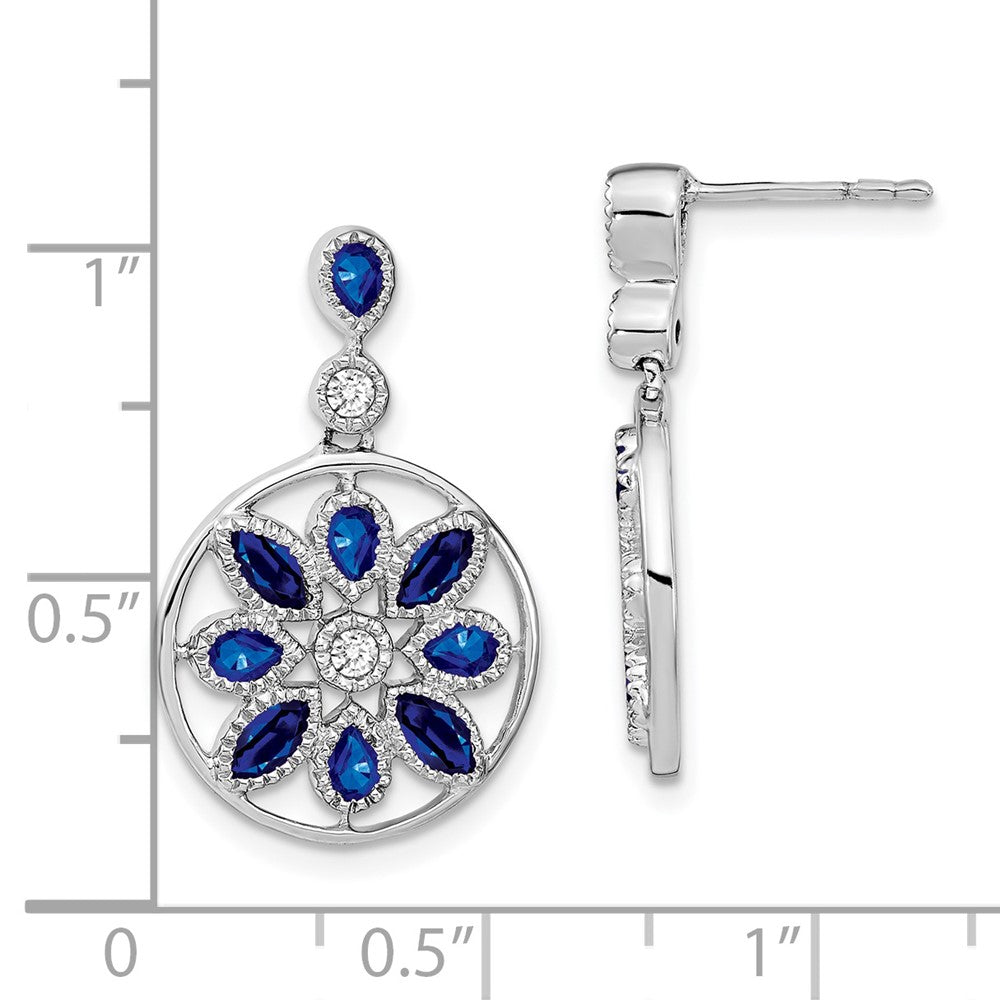 14k White Gold Sapphire and Real Diamond Floral Dangle Earrings