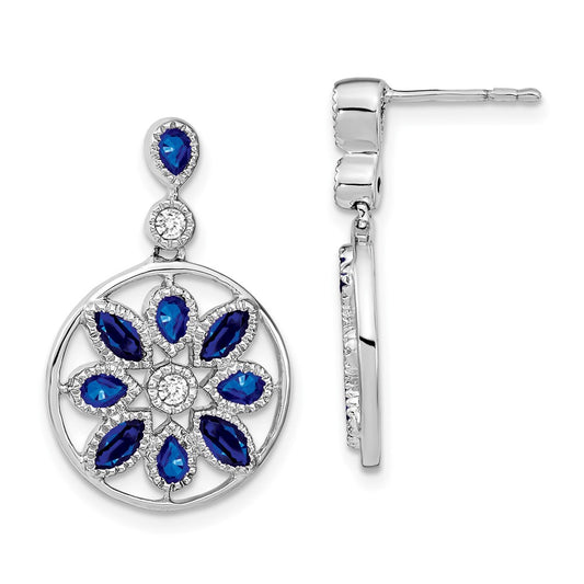 14k White Gold Sapphire and Real Diamond Floral Dangle Earrings