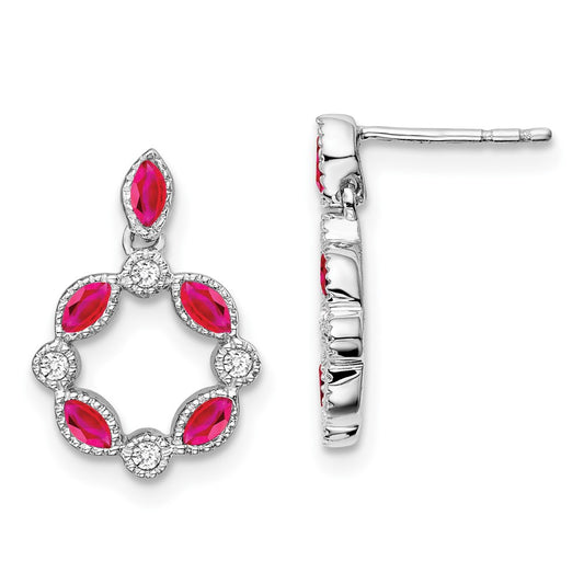 14k White Gold Ruby and Real Diamond Dangle Earrings