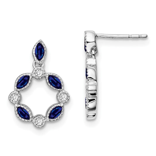 14k White Gold Sapphire and Real Diamond Dangle Earrings