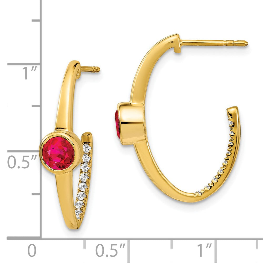 Solid 14k Yellow Gold Created Simulated Ruby and CZ J-Hoop Earrings