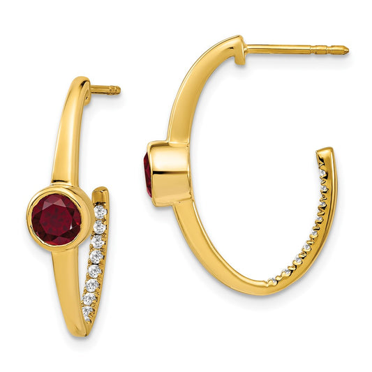 Solid 14k Yellow Gold Created Simulated Ruby and CZ J-Hoop Earrings