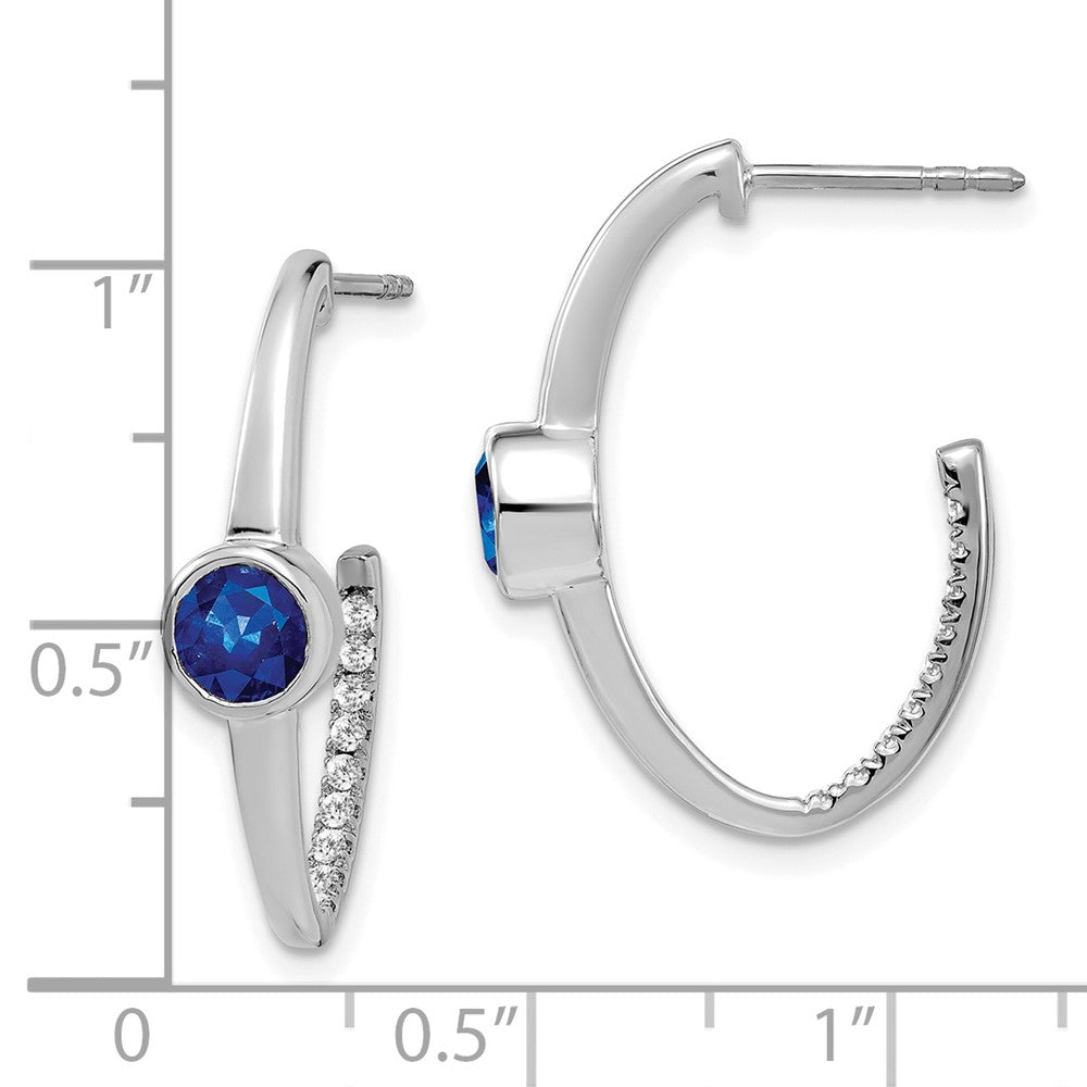 14k White Gold Created Sapphire and Real Diamond J-Hoop Earrings