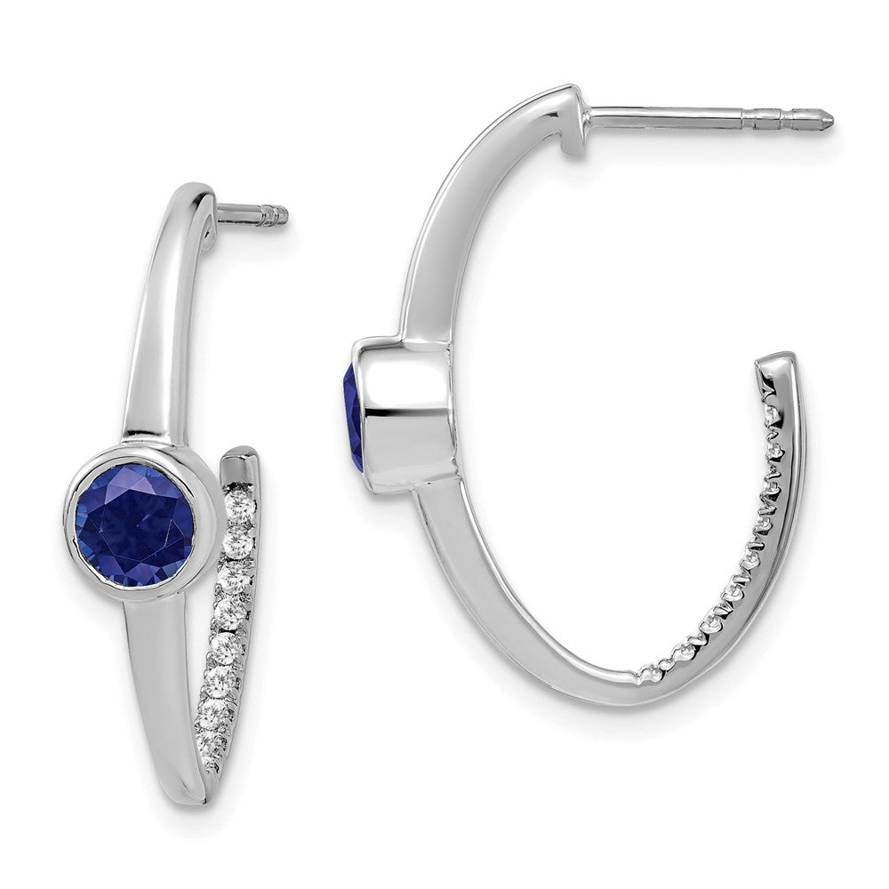 14k White Gold Created Sapphire and Real Diamond J-Hoop Earrings