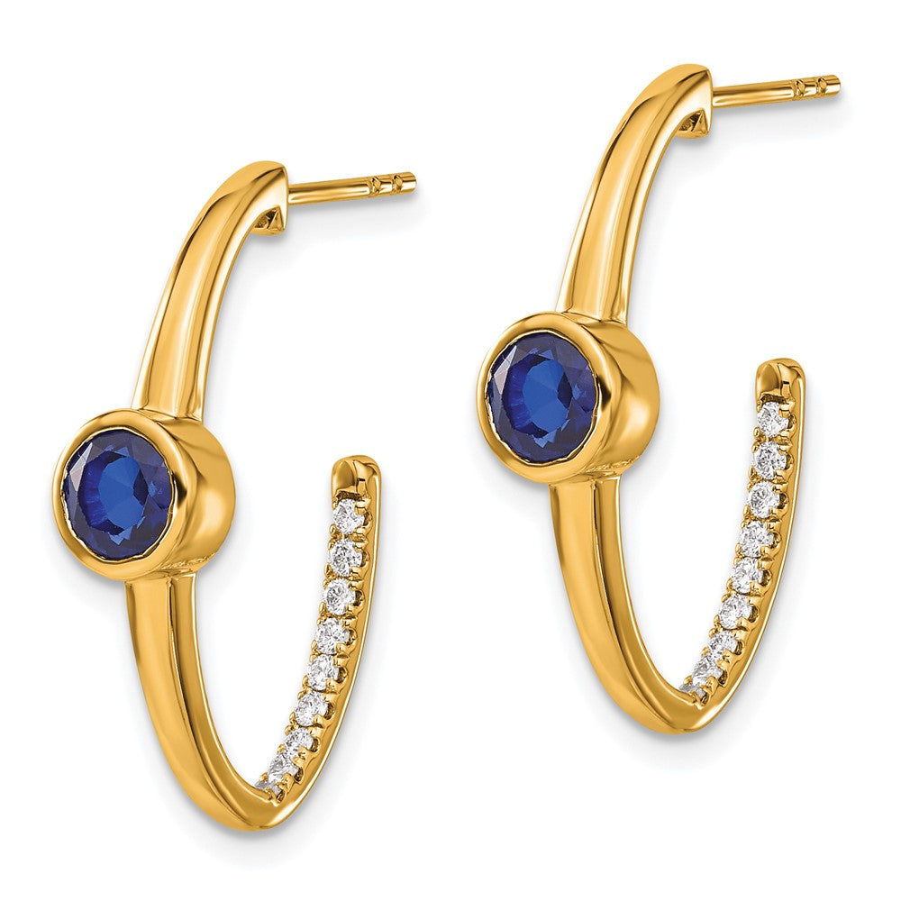 14k Yellow Gold Created Sapphire and Real Diamond J-Hoop Earrings