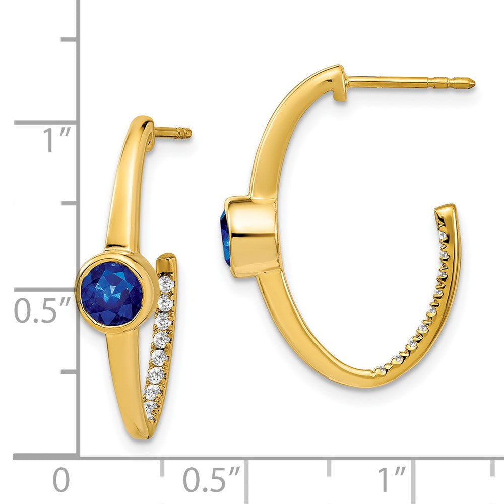 14k Yellow Gold Created Sapphire and Real Diamond J-Hoop Earrings