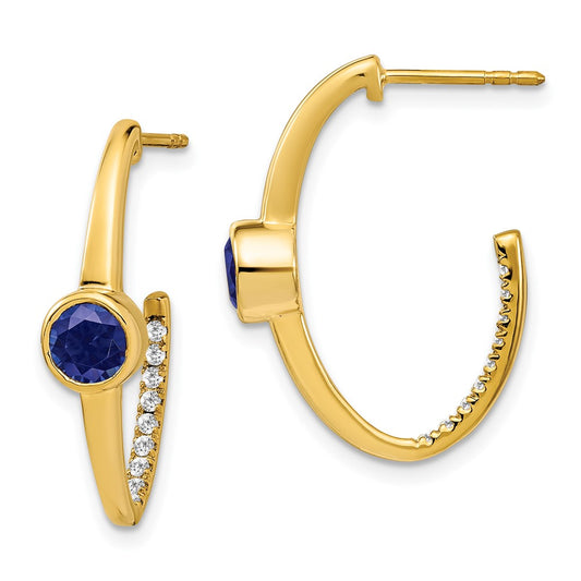 14k Yellow Gold Created Sapphire and Real Diamond J-Hoop Earrings