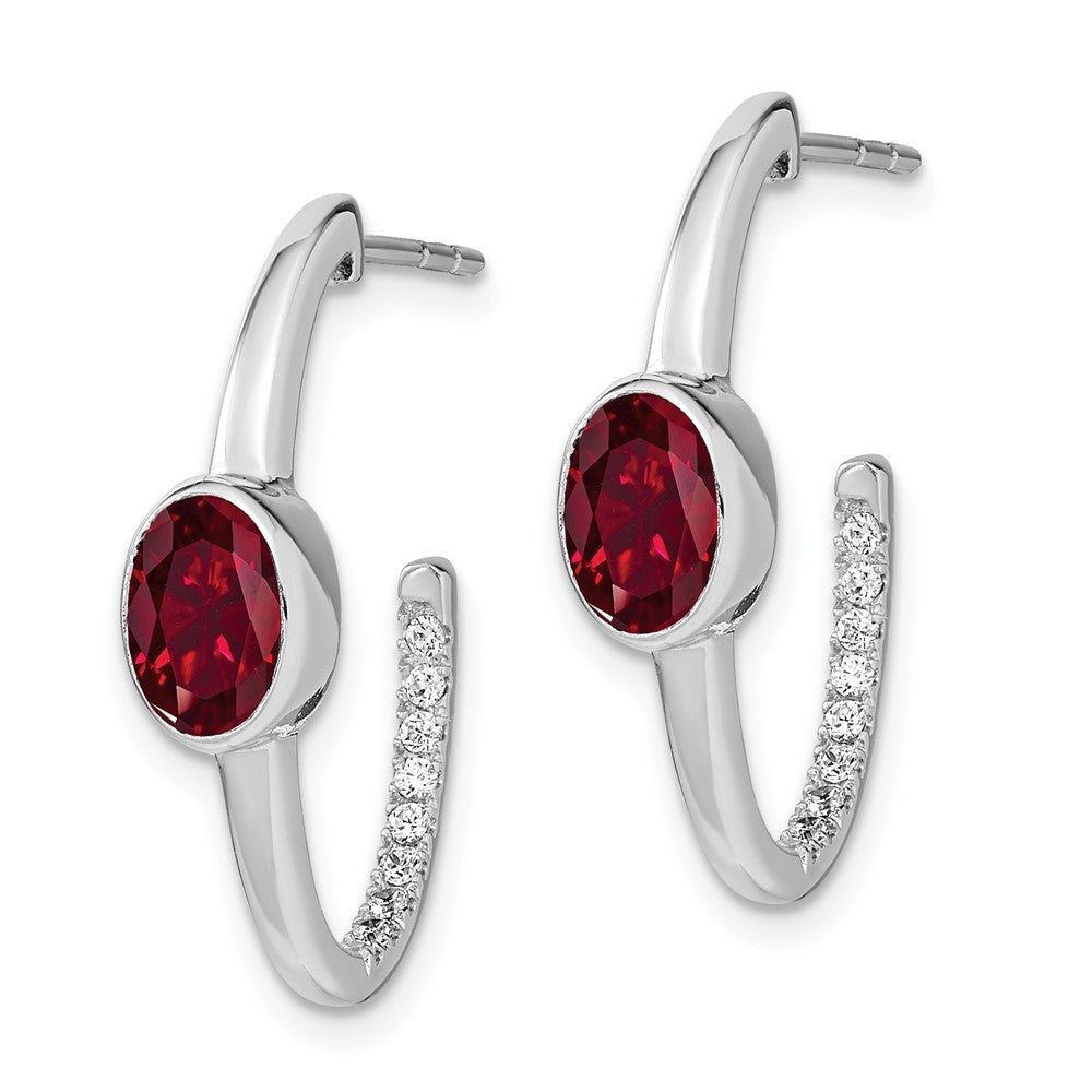 14k White Gold Oval Created Ruby and Real Diamond J-Hoop Earrings