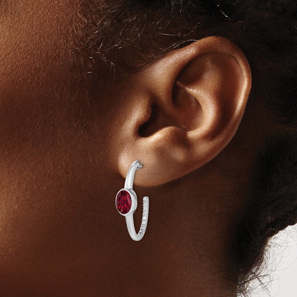 14k White Gold Oval Created Ruby and Real Diamond J-Hoop Earrings