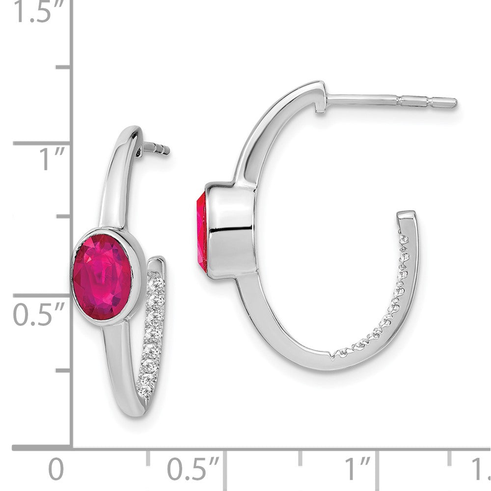 14k White Gold Oval Created Ruby and Real Diamond J-Hoop Earrings