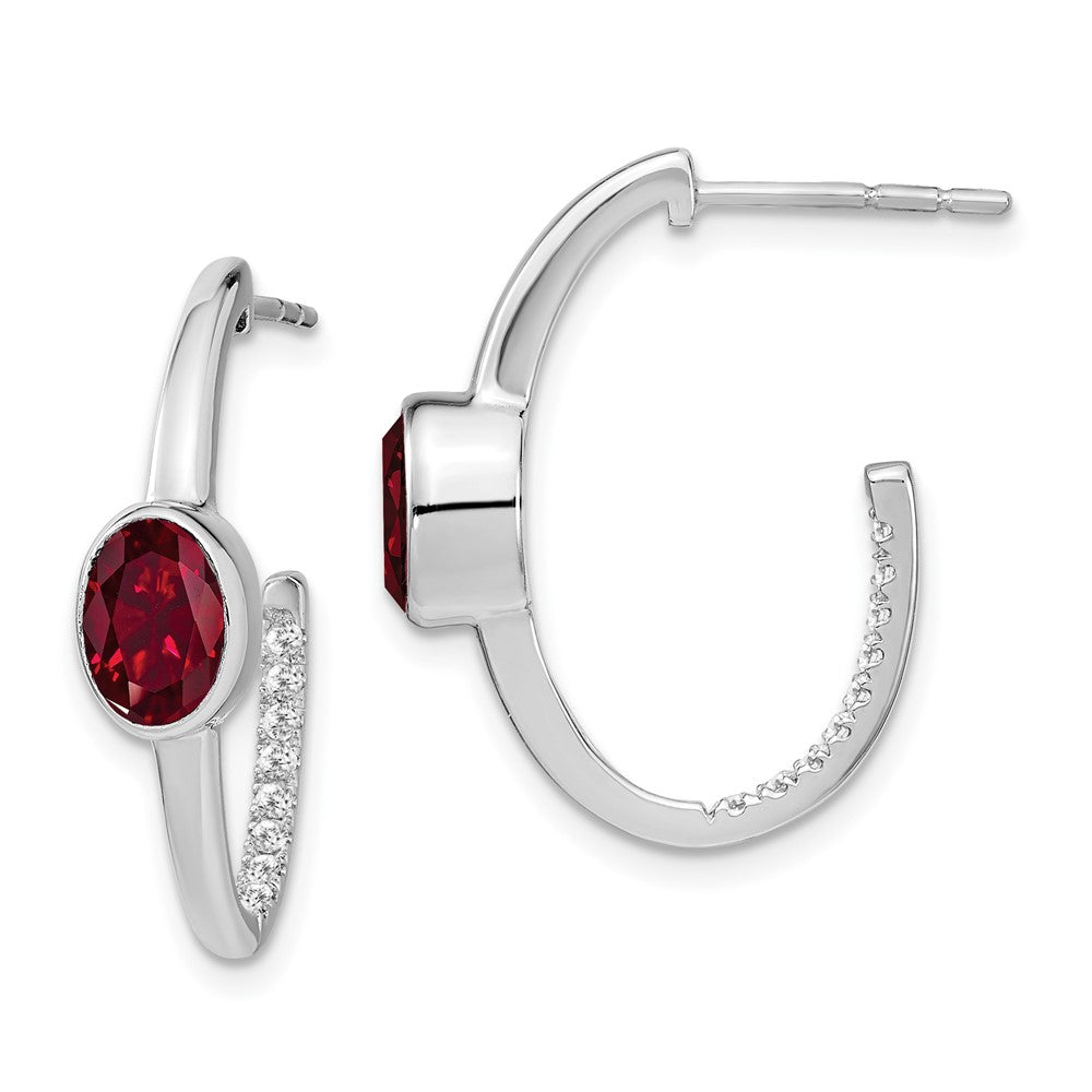 14k White Gold Oval Created Ruby and Real Diamond J-Hoop Earrings