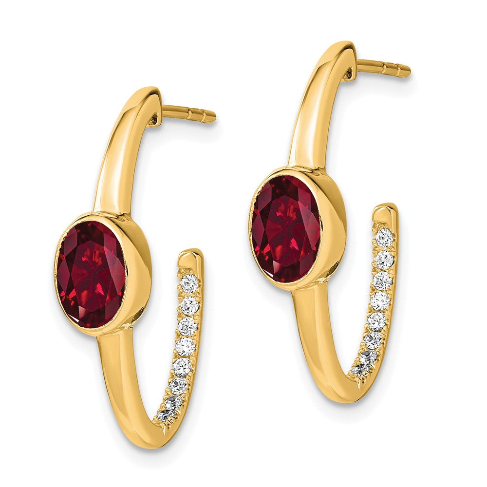 Solid 14k Yellow Gold Oval Created Simulated Ruby and CZ J-Hoop Earrings