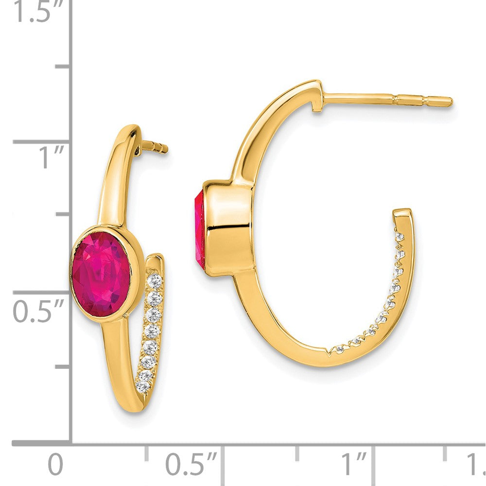 Solid 14k Yellow Gold Oval Created Simulated Ruby and CZ J-Hoop Earrings