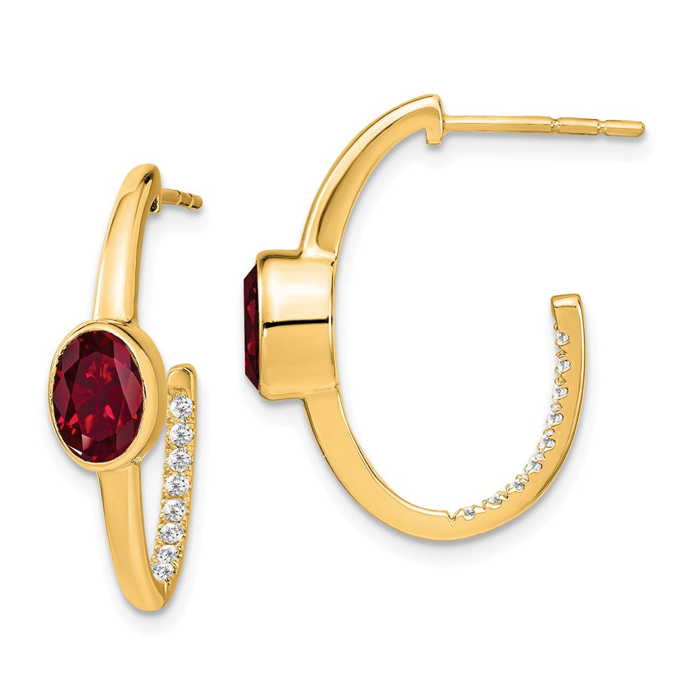 Solid 14k Yellow Gold Oval Created Simulated Ruby and CZ J-Hoop Earrings