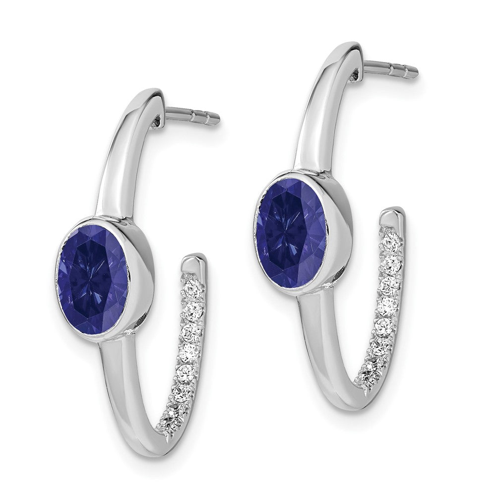 14k White Gold Oval Created Sapphire and Real Diamond J-Hoop Earrings