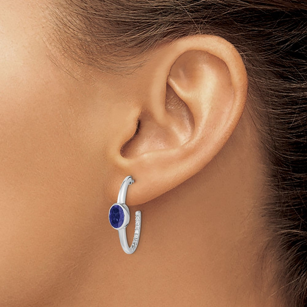 14k White Gold Oval Created Sapphire and Real Diamond J-Hoop Earrings