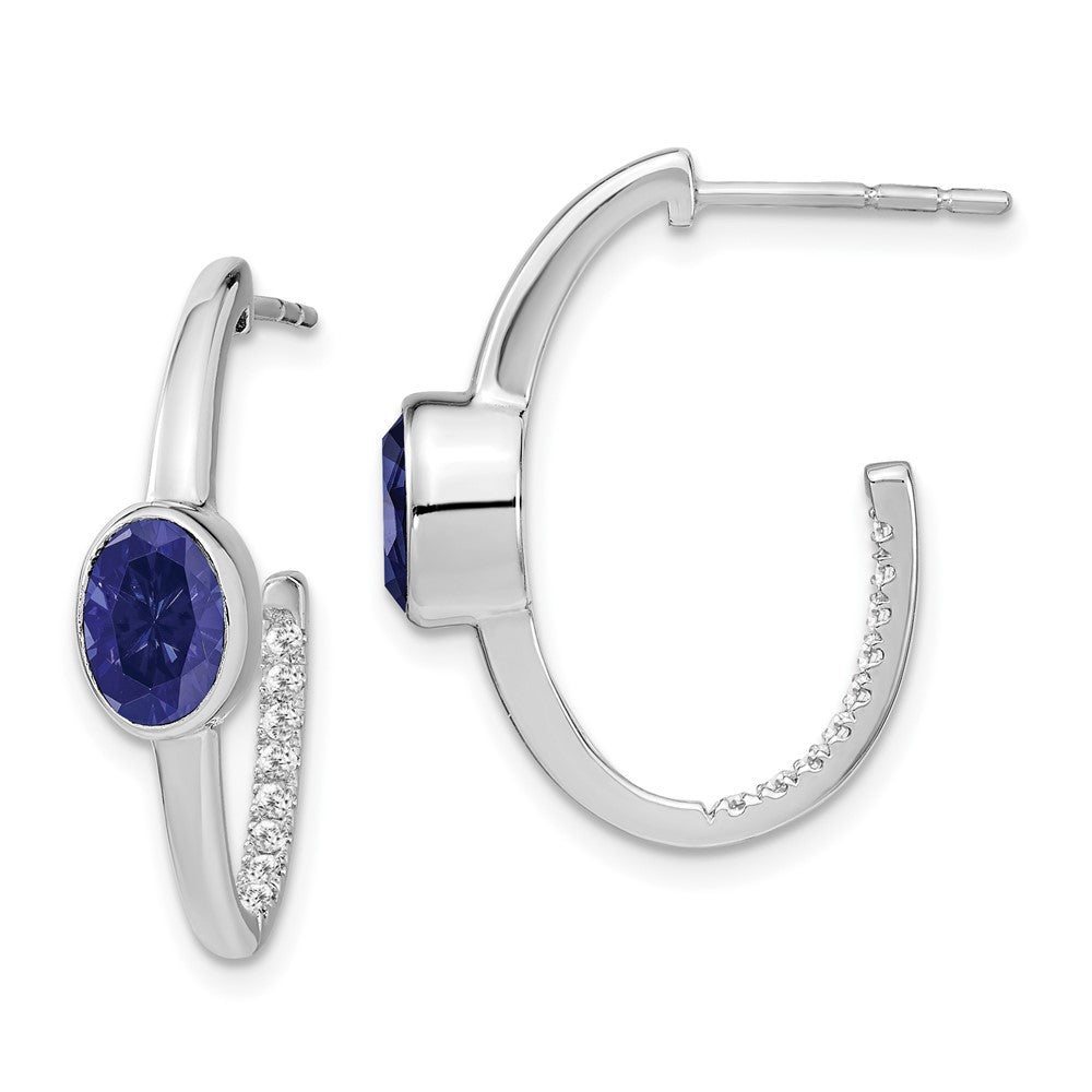 14k White Gold Oval Created Sapphire and Real Diamond J-Hoop Earrings