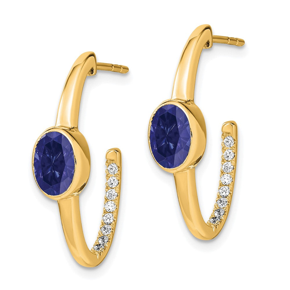 14k Yellow Gold Oval Created Sapphire and Real Diamond J-Hoop Earrings