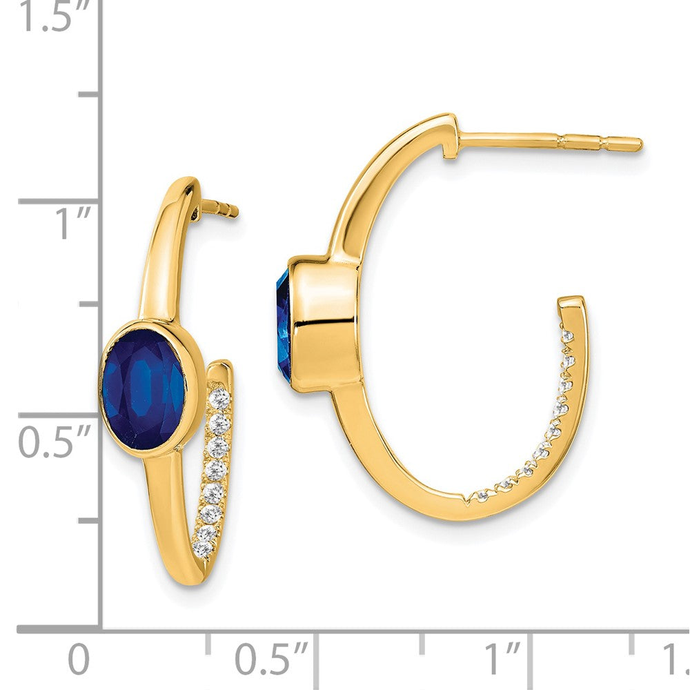 14k Yellow Gold Oval Created Sapphire and Real Diamond J-Hoop Earrings