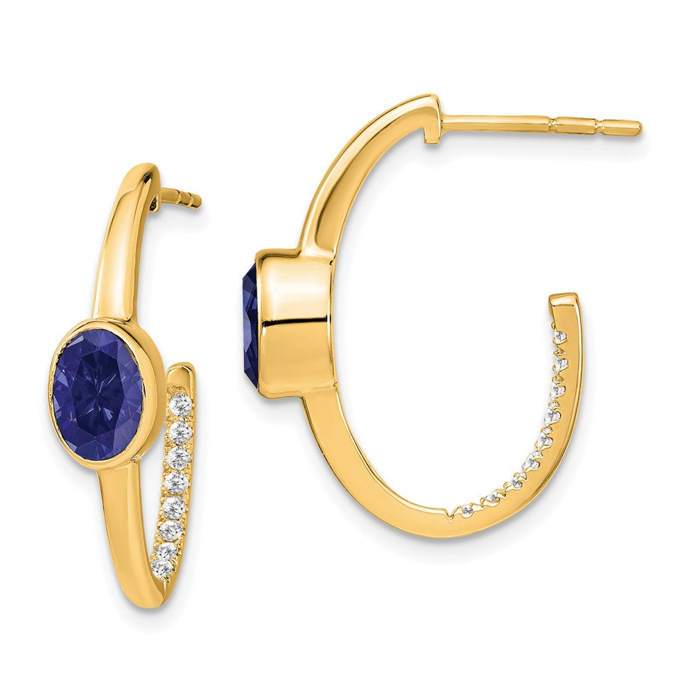 14k Yellow Gold Oval Created Sapphire and Real Diamond J-Hoop Earrings