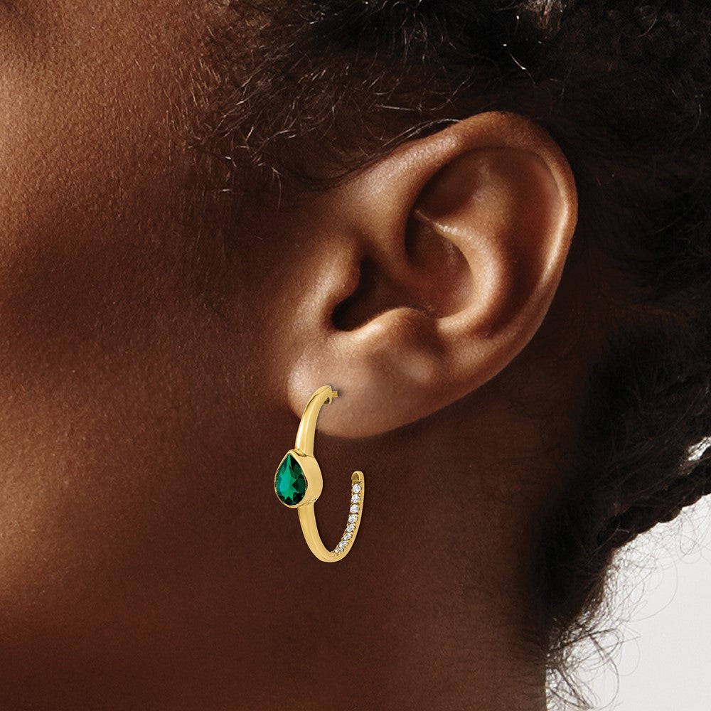 Solid 14k Yellow Gold Pear Created Simulated Emerald and CZ J-Hoop Earrings