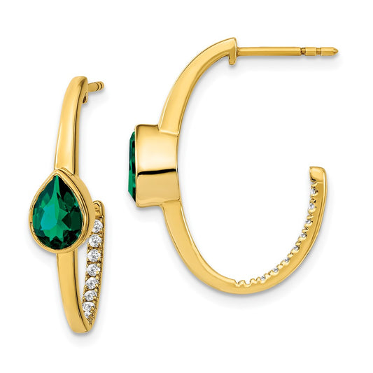 Solid 14k Yellow Gold Pear Created Simulated Emerald and CZ J-Hoop Earrings