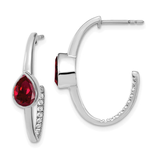 14k White Gold Pear Created Ruby and Real Diamond J-Hoop Earrings