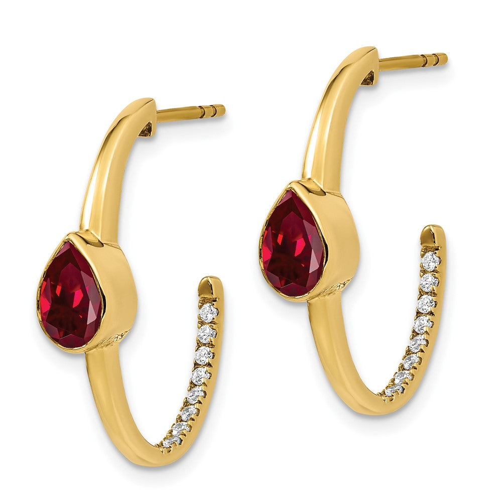 14k Yellow Gold Pear Created Ruby and Real Diamond J-Hoop Earrings