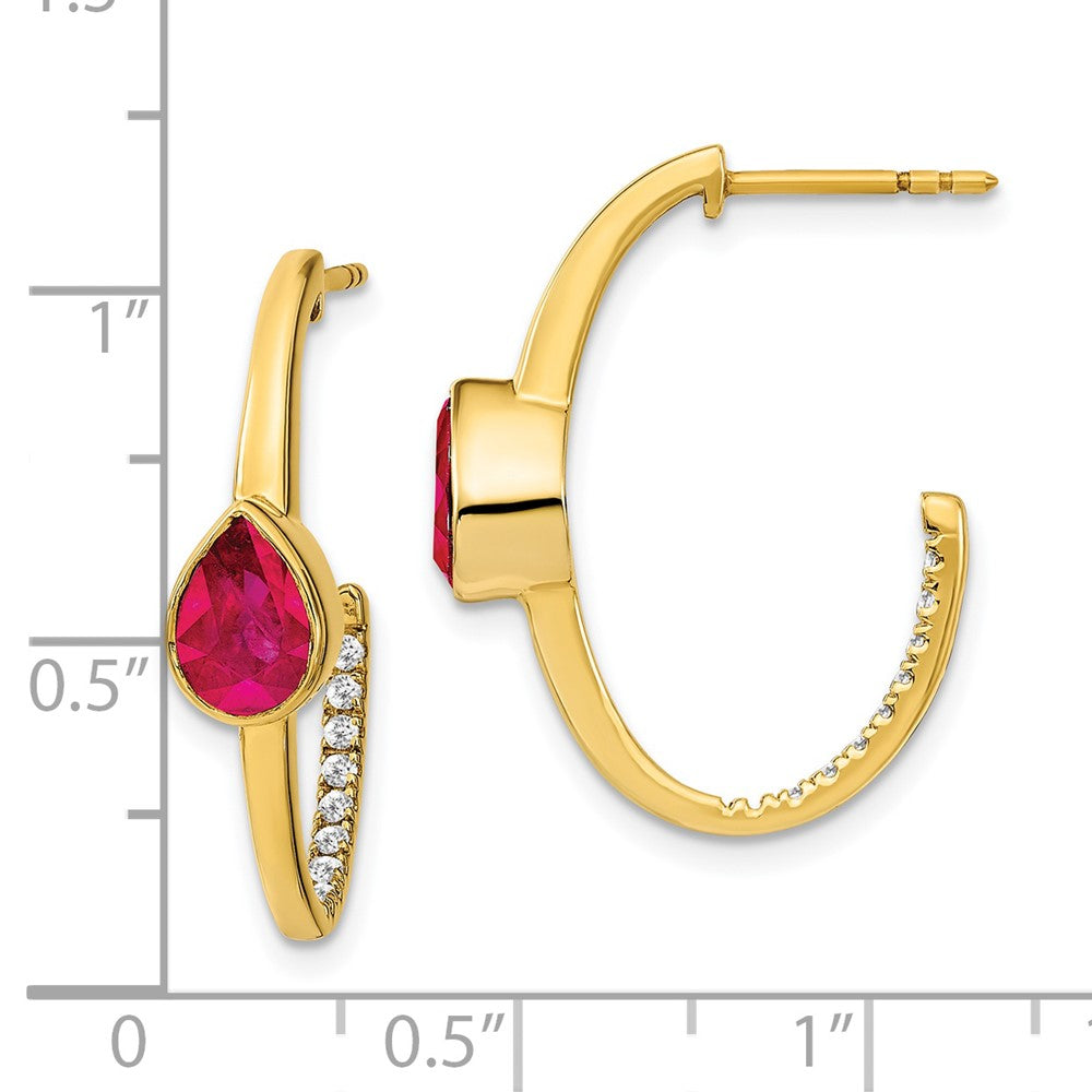 14k Yellow Gold Pear Created Ruby and Real Diamond J-Hoop Earrings