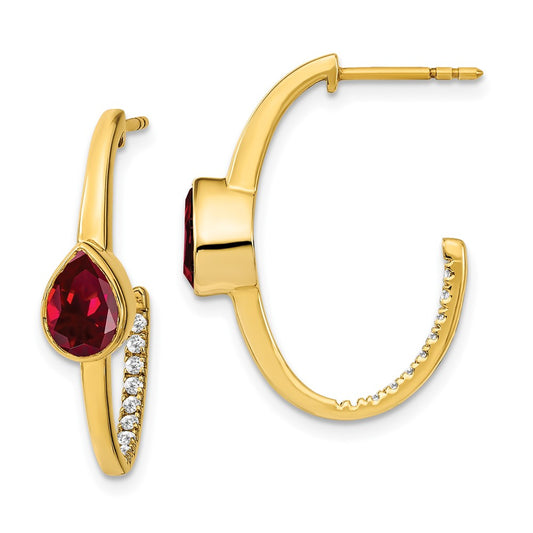 14k Yellow Gold Pear Created Ruby and Real Diamond J-Hoop Earrings