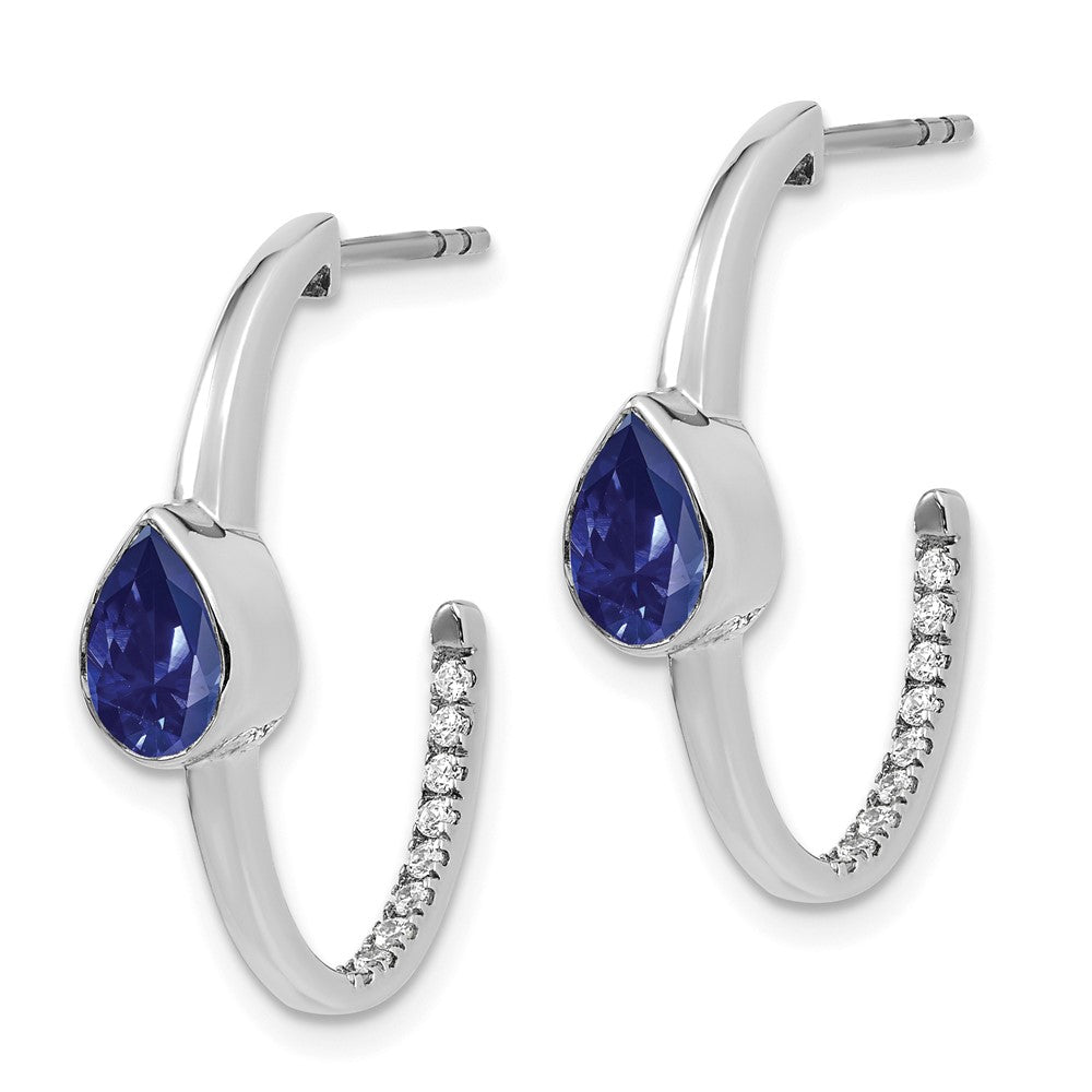 14k White Gold Pear Created Sapphire and Real Diamond J-Hoop Earrings