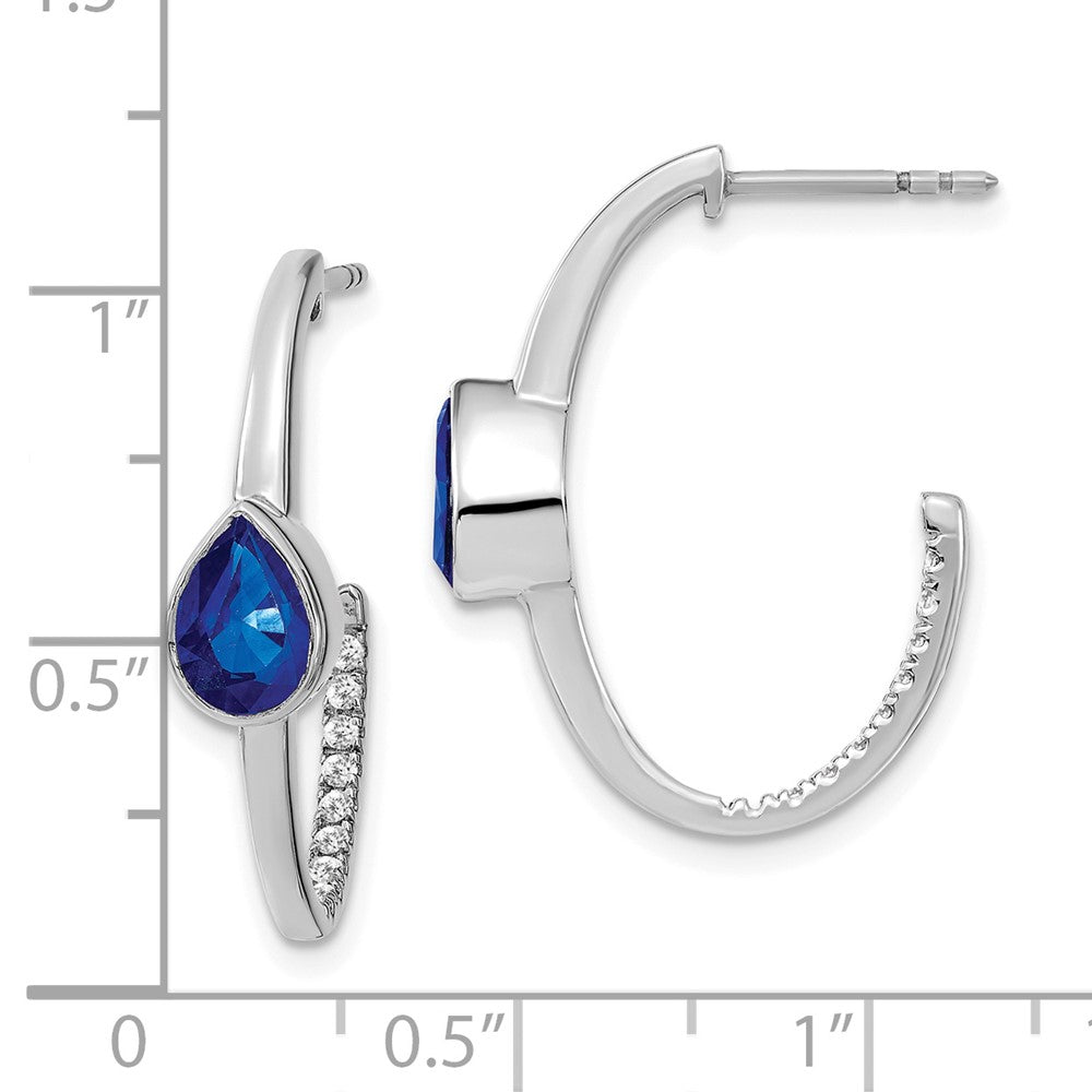 14k White Gold Pear Created Sapphire and Real Diamond J-Hoop Earrings