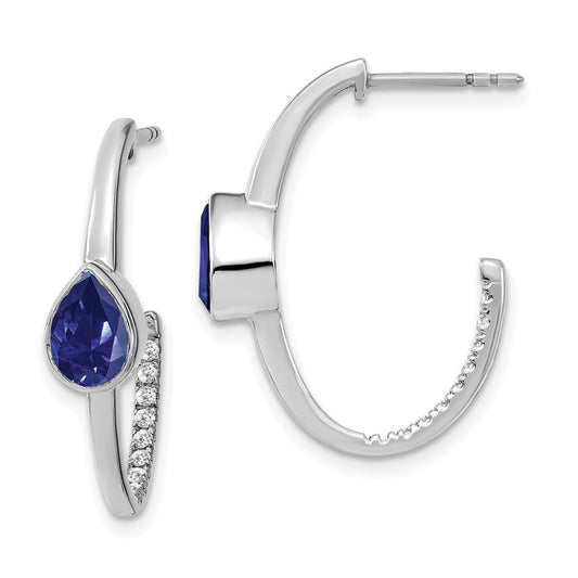 14k White Gold Pear Created Sapphire and Real Diamond J-Hoop Earrings