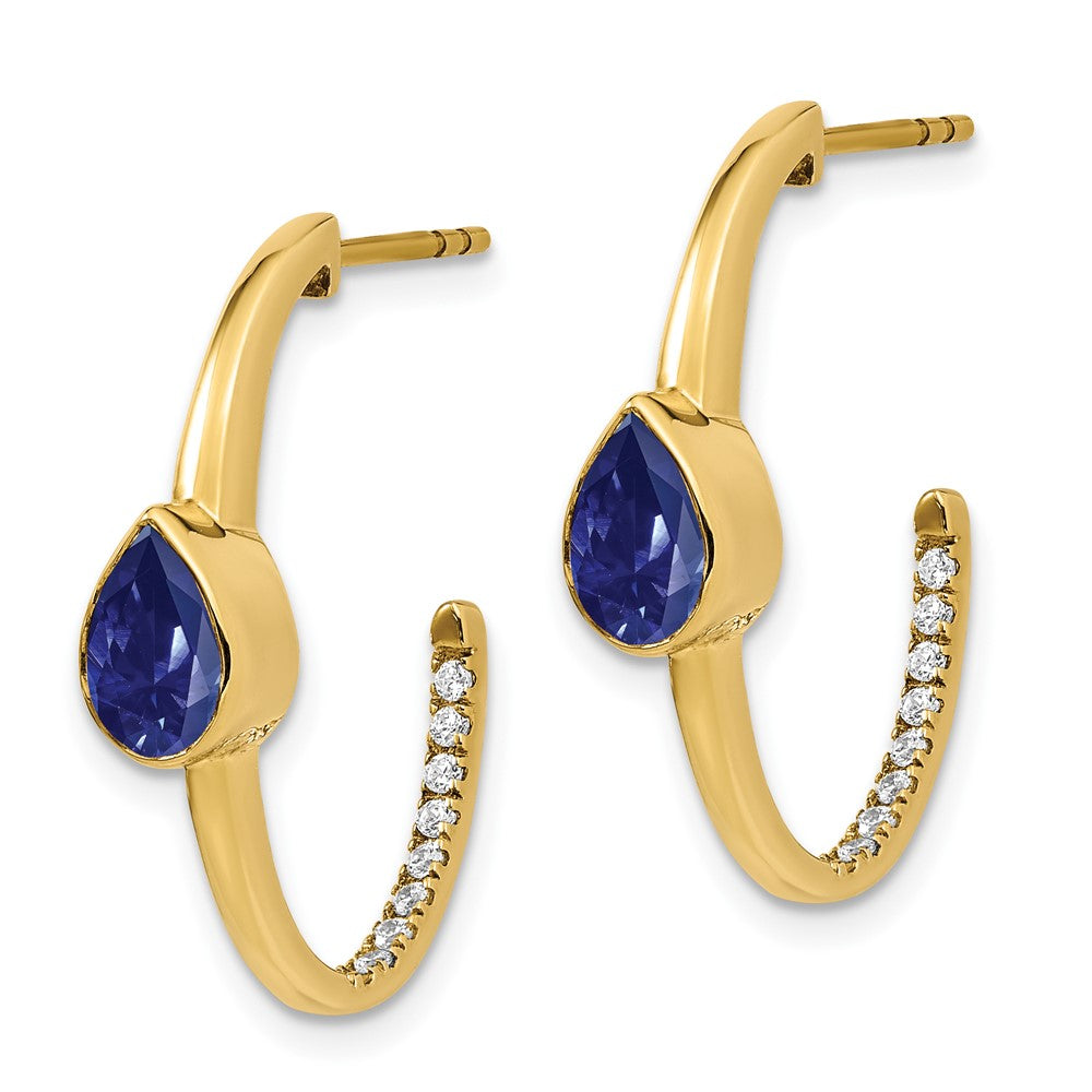 14k Yellow Gold Pear Created Sapphire and Real Diamond J-Hoop Earrings