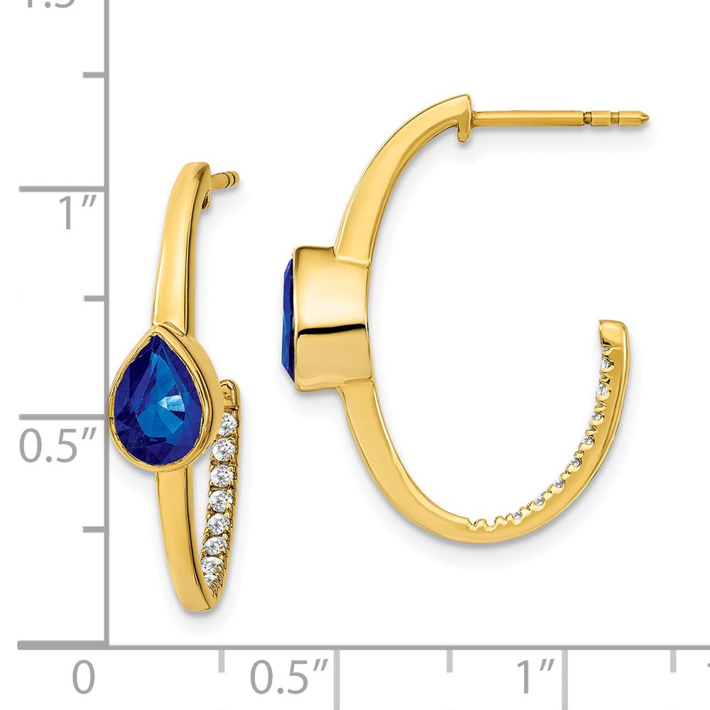 14k Yellow Gold Pear Created Sapphire and Real Diamond J-Hoop Earrings