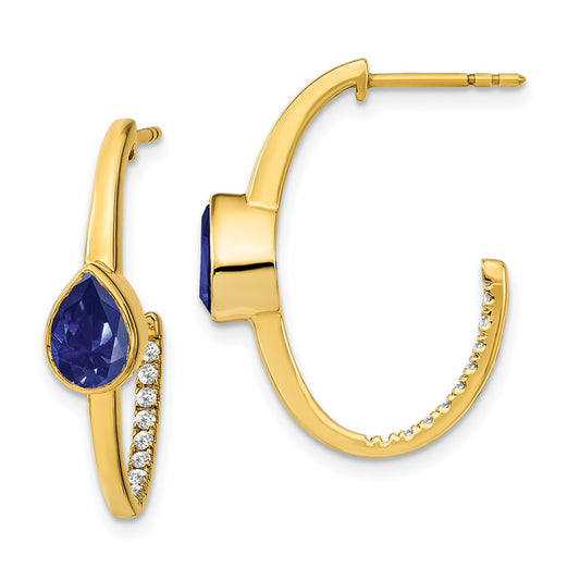 14k Yellow Gold Pear Created Sapphire and Real Diamond J-Hoop Earrings