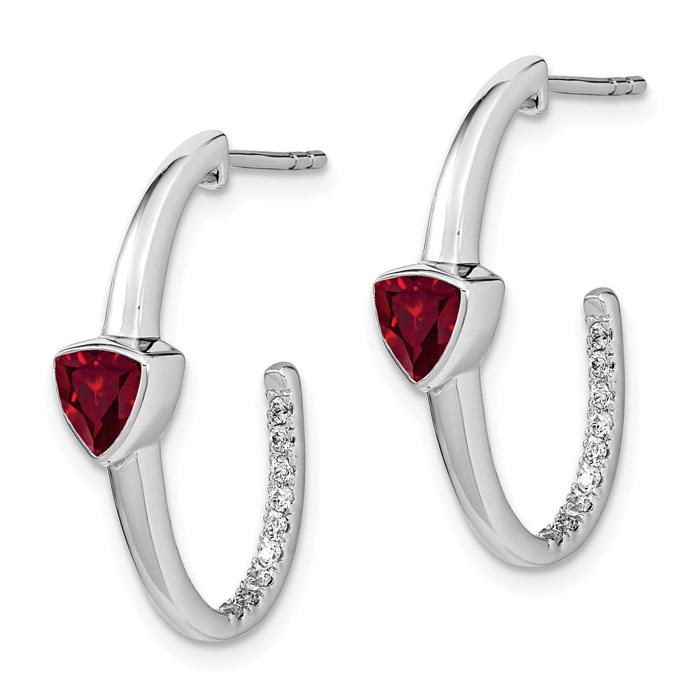 14k White Gold Trillion Created Ruby and Real Diamond J-hoop Earrings