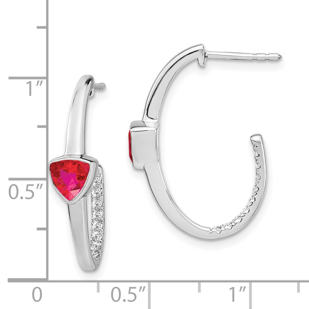 14k White Gold Trillion Created Ruby and Real Diamond J-hoop Earrings