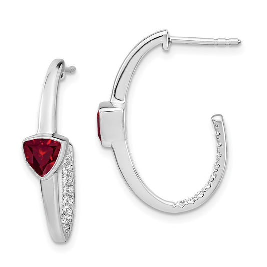 14k White Gold Trillion Created Ruby and Real Diamond J-hoop Earrings