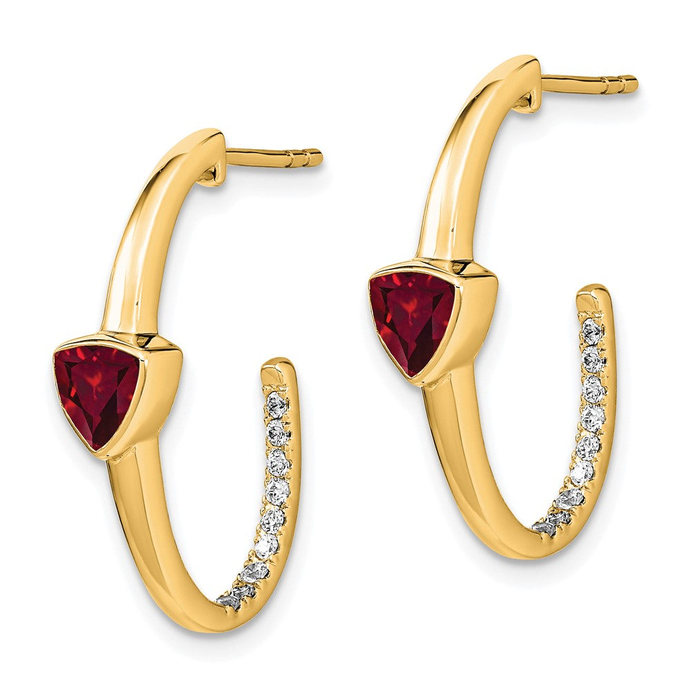 Solid 14k Yellow Gold Trillion Created Simulated Ruby and CZ J-hoop Earrings