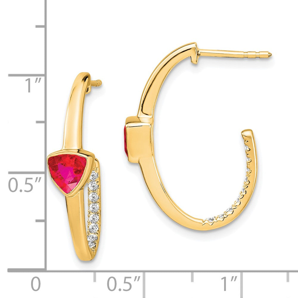 Solid 14k Yellow Gold Trillion Created Simulated Ruby and CZ J-hoop Earrings