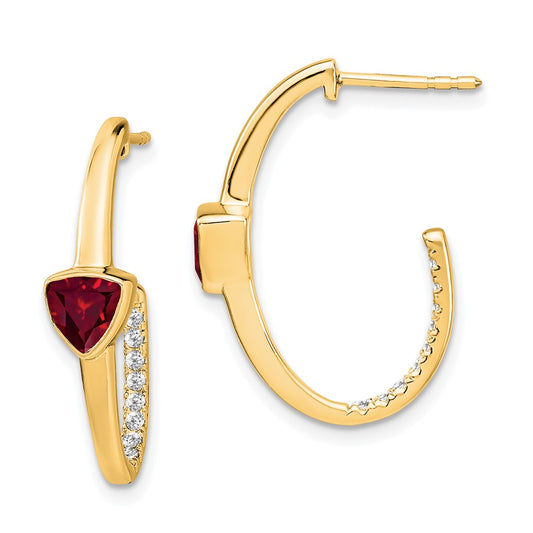 Solid 14k Yellow Gold Trillion Created Simulated Ruby and CZ J-hoop Earrings