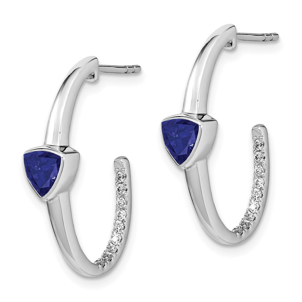 14k White Gold Trillion Created Sapphire/Real Diamond J-hoop Earrings