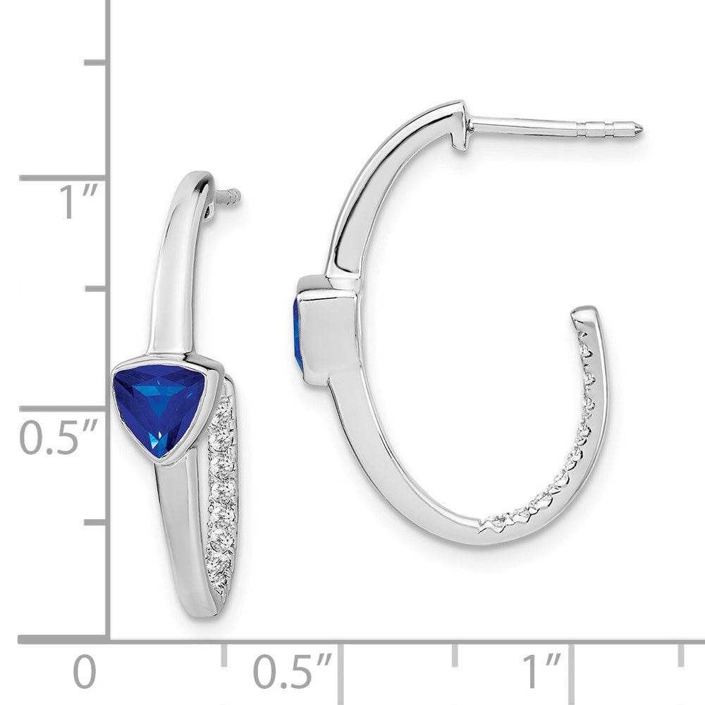 14k White Gold Trillion Created Sapphire/Real Diamond J-hoop Earrings